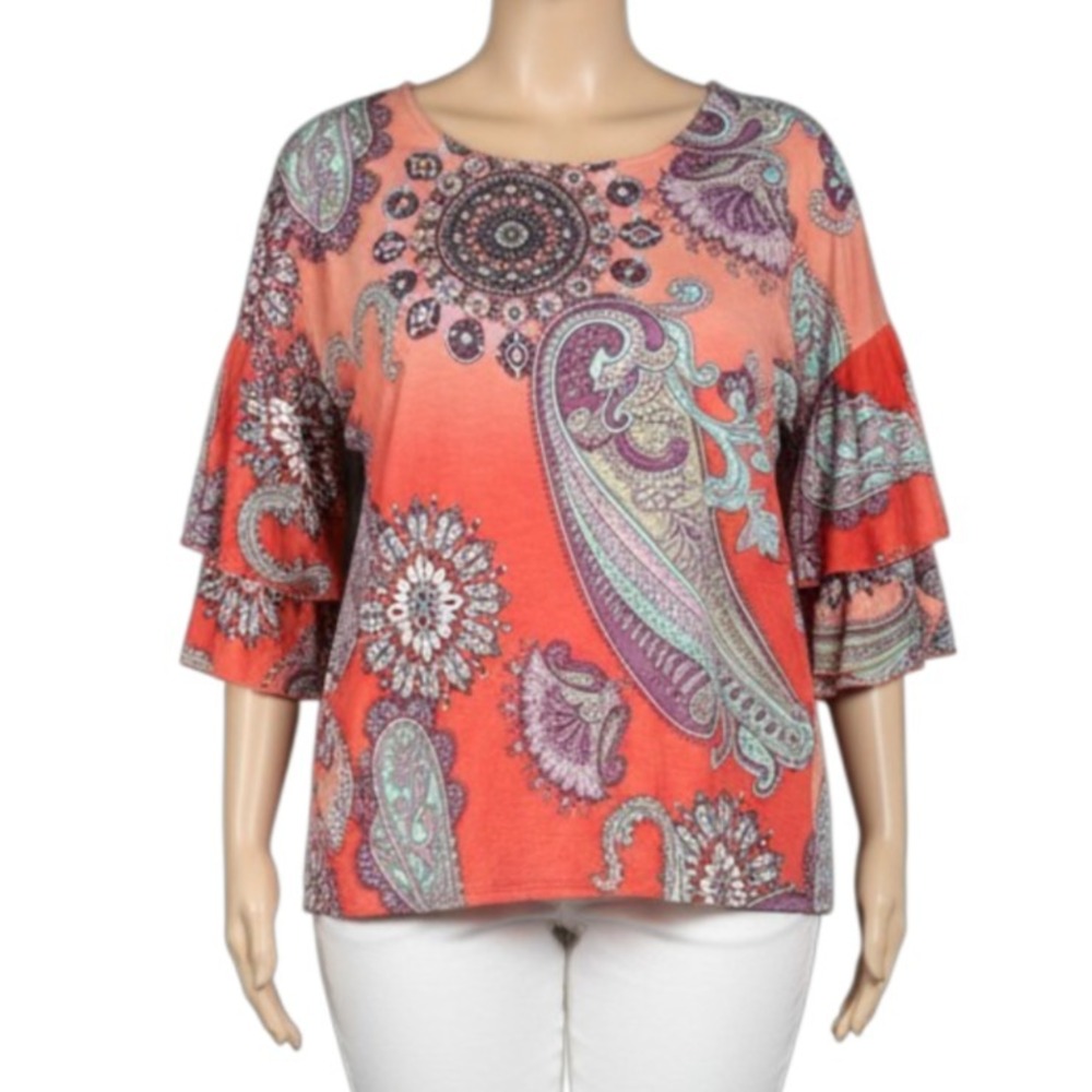 Boho Paisley Medallion Top Women 2XL Tiered Ruffle Sleeve Festival Blouse Orange